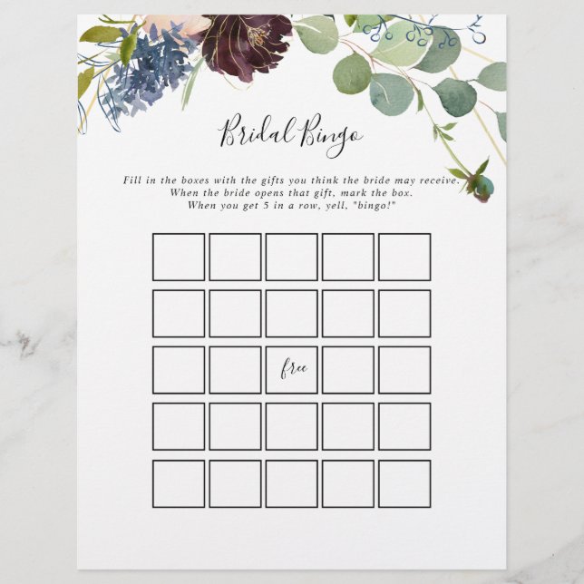Burgundy Floral Greenery Bridal Bingo Game (Vorderseite)