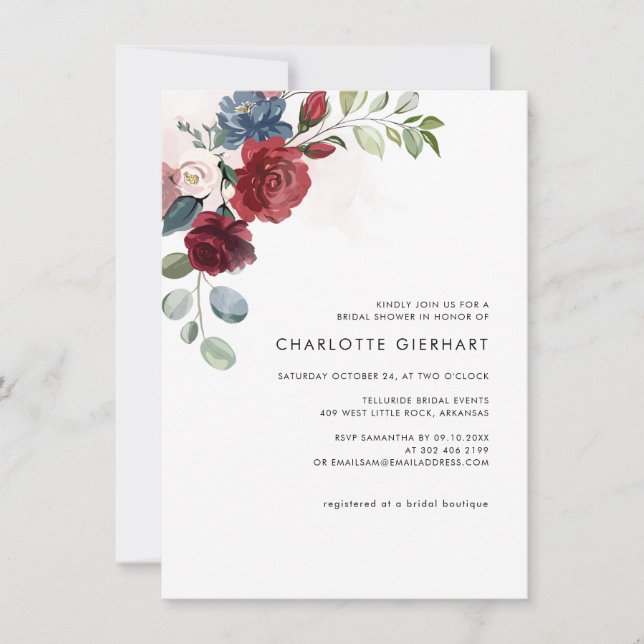 Burgundy Floral Greenery Bridal Shower Einladung (Vorderseite)