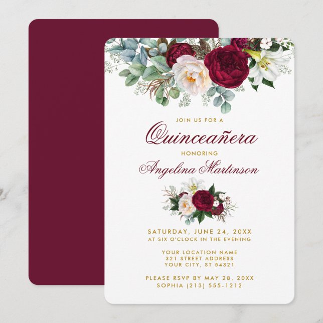 Burgundy Floral Greenery Gold Quinceanera Einladung (Vorne/Hinten)