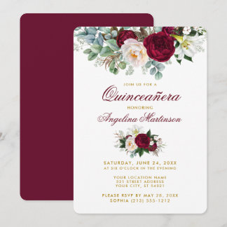 Burgundy Floral Greenery Gold Quinceanera Einladung