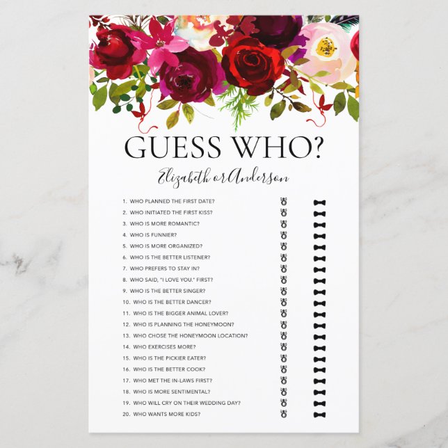 Burgundy Floral Guess Wer Brautparty Game (Vorderseite)