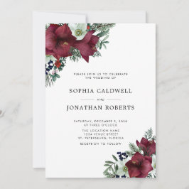 Burgundy Floral Holiday Greenerie Winter Wedding Einladung