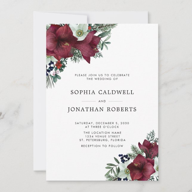 Burgundy Floral Holiday Greenerie Winter Wedding Einladung (Vorderseite)