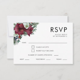 Burgundy Floral Holiday Greenerie Winter Wedding RSVP Karte
