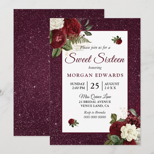 Burgundy Floral Imitate Metallic Sweet 16 Einladun Einladung (Vorne/Hinten)