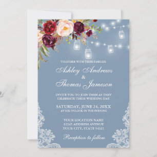 Burgundy Floral Jar Lights Lace Dusty Blue Wedding Einladung