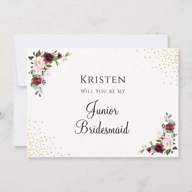 Burgundy Floral Junior Bridesmaid Vorschlag Card (Vorderseite)