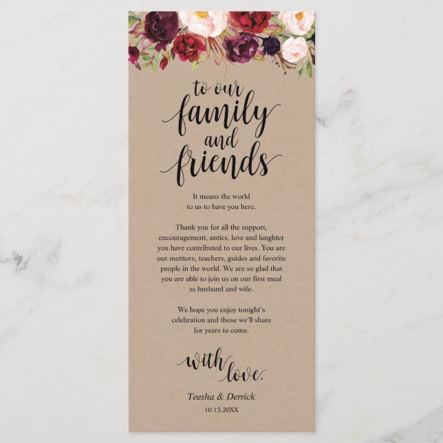 Burgundy floral Kraft Platzierung Dankeschön Karte (Vorderseite)