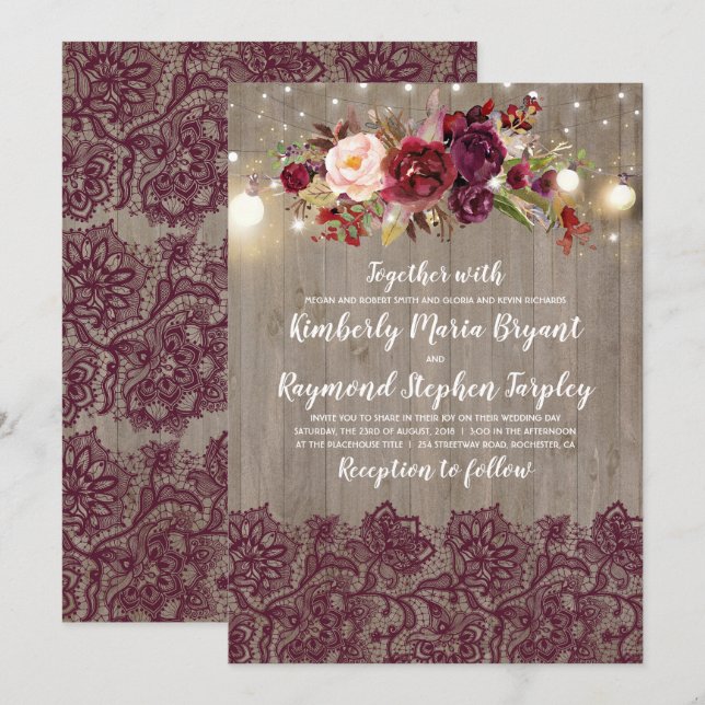 Burgundy Floral Lace Rustikale Hochzeit Einladung (Vorne/Hinten)
