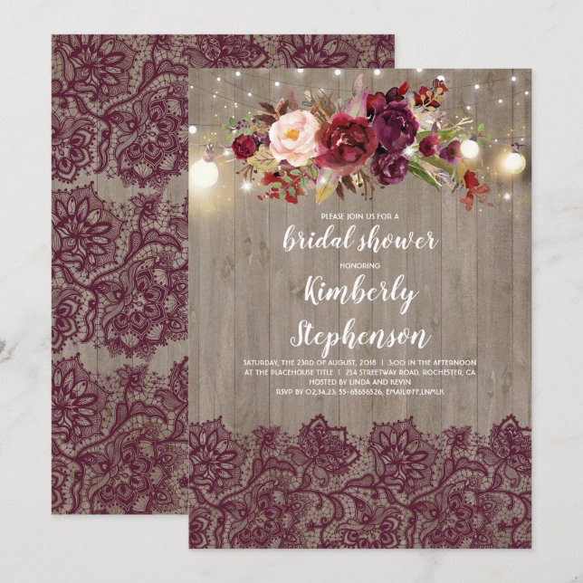 Burgundy Floral Lace Rustikales Brautparty Einladung (Vorne/Hinten)