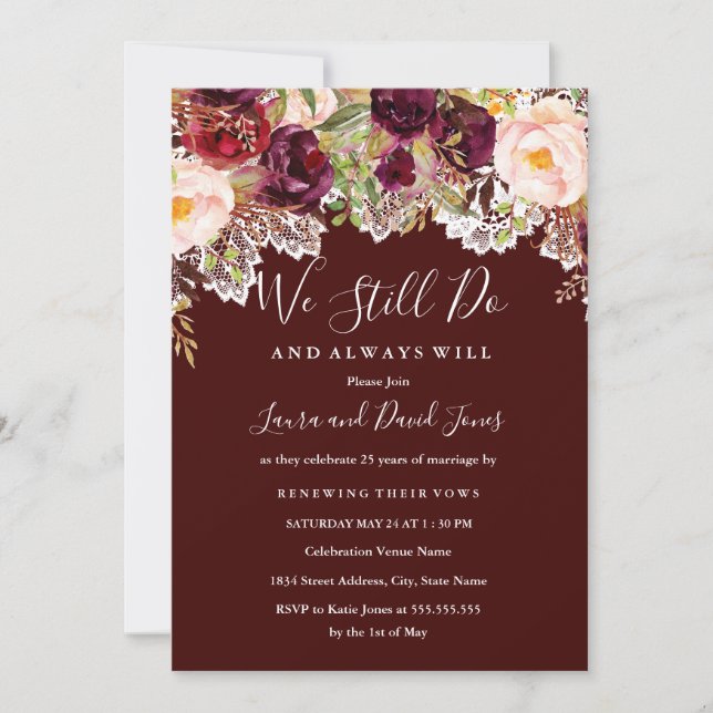 Burgundy Floral Lace Wedding Vow Renewal Einladung (Vorderseite)