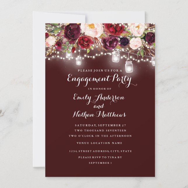 Burgundy Floral Lights Engagement Party Einladung (Vorderseite)
