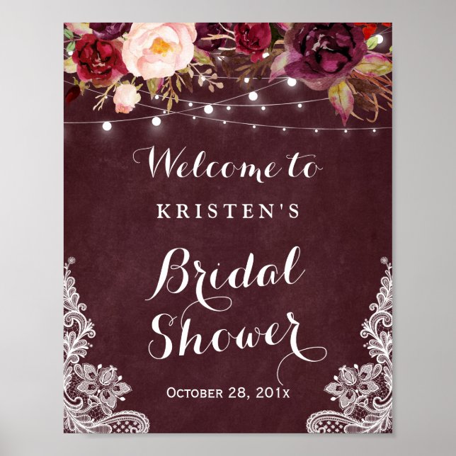 Burgundy Floral Lights Lace Brautparty Sign Poster (Vorne)