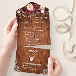 Burgundy Floral Lights Lace Rustic Wood Wedding All In One Einladung