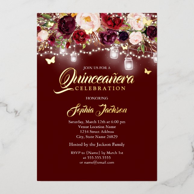 Burgundy Floral Lights Quinceanera Folieneinladung (Vorderseite)