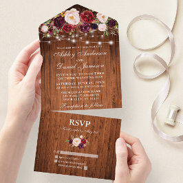Burgundy Floral Lights Rustic Wood Wedding All In One Einladung