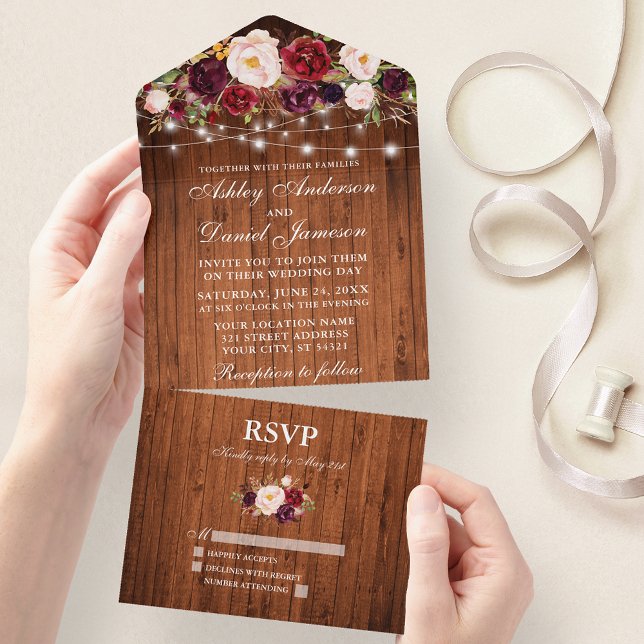 Burgundy Floral Lights Rustic Wood Wedding All In One Einladung (All In One Wedding Invitation with tear off RSVP Card)