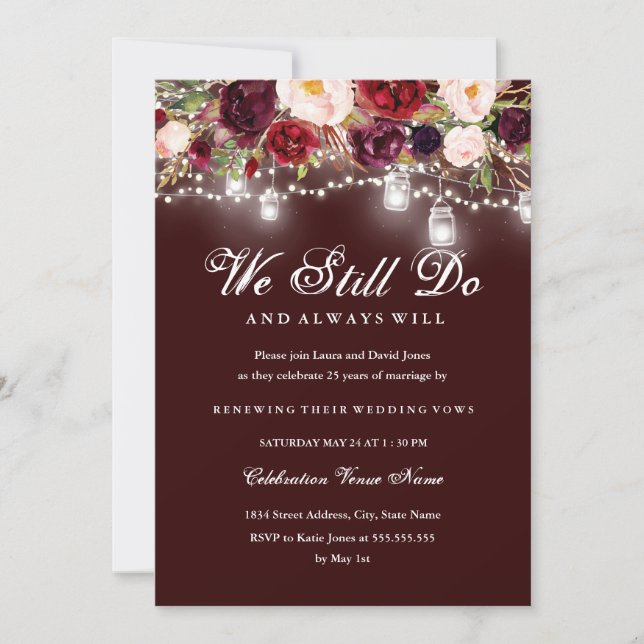 Burgundy Floral Lights Vow Renewal Jubiläum Einladung (Vorderseite)