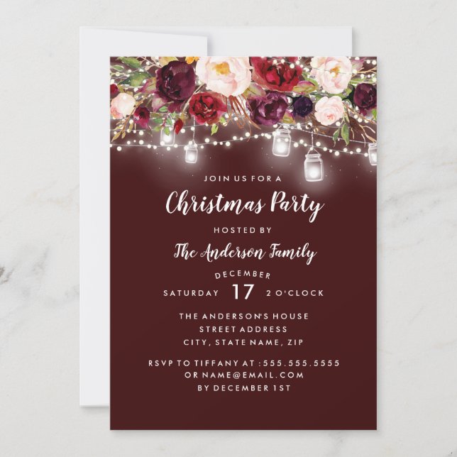 Burgundy Floral Lights Weihnachts-Party Einladung (Vorderseite)