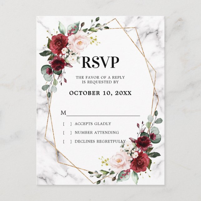Burgundy Floral Marble Geometric Wedding RSVP Postkarte (Vorderseite)