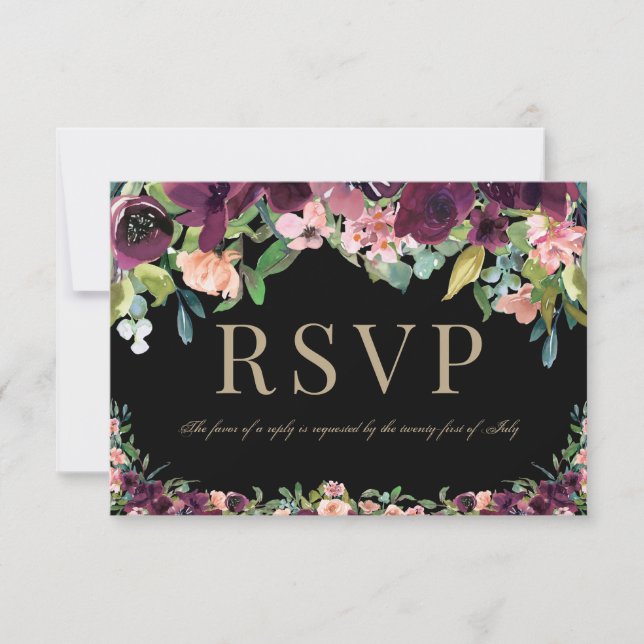 Burgundy Floral Marsala Black Wedding RSVP (Vorderseite)