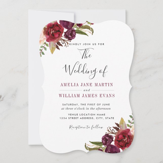 Burgundy Floral Marsala Wassercolour Wedding Einladung (Vorderseite)