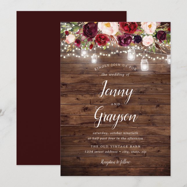 Burgundy Floral Mason Jar Lights Wood Wedding Einladung (Vorne/Hinten)