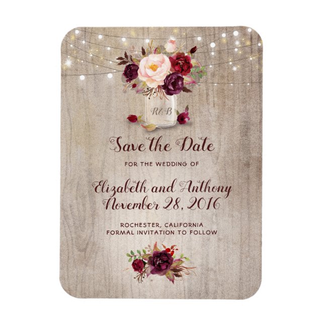 Burgundy Floral Mason Jar Rustic Save the Date Magnet (Vertikal)