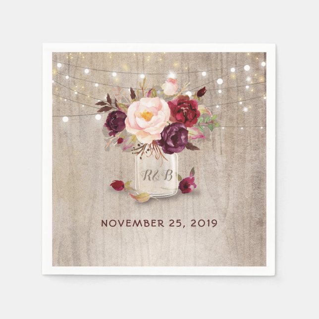 Burgundy Floral Mason Jar Rustic Serviette (Vorderseite)