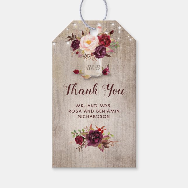 Burgundy Floral Mason Jar Rustic Wedding Geschenkanhänger (Vorderseite)