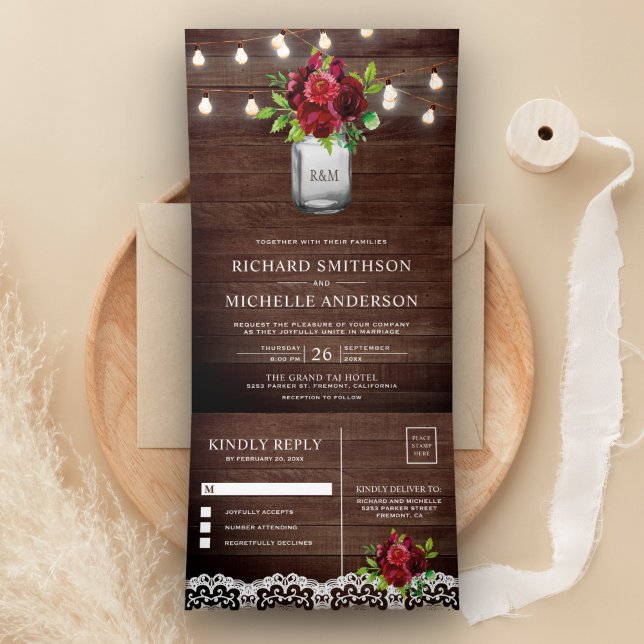 Burgundy Floral Mason Jar String Lights Hochzeit Dreifach Gefaltete Einladung (Von Creator hochgeladen)