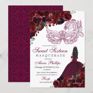 Burgundy Floral Masquerade Sweet 16 Einladung