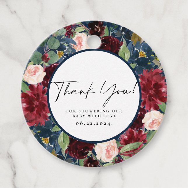 Burgundy Floral Merci Baby shower Étiquettes cadea (Devant)