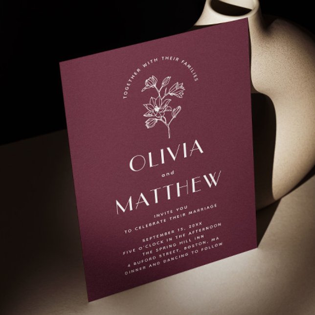 Burgundy Floral Minimalistisch Wedding | QR und Fo Einladung (Von Creator hochgeladen)