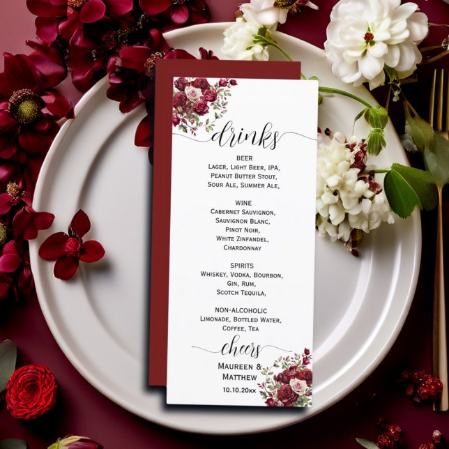 Burgundy Floral Modern Script Wedding Bar Menu Menükarte (Von Creator hochgeladen)