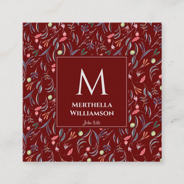 BURGUNDY Floral MONOGRAM Custom Scripting Quadratische Visitenkarte (Vorderseite)