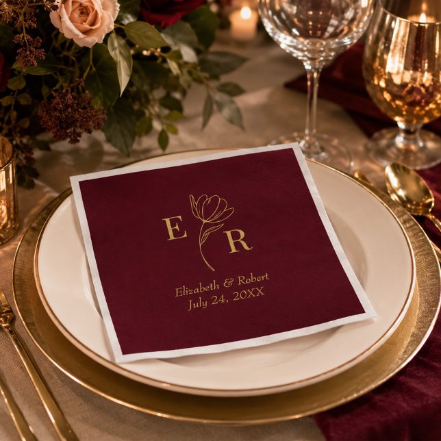 Burgundy Floral Monogram Wedding Serviette (Burgundy Floral Monogram Wedding Napkins on an elegant wedding table)