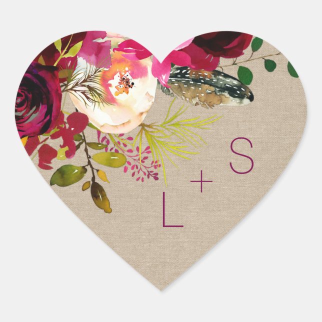 Burgundy Floral Monogramm Herz Gefälligkeitsaufkle Herz-Aufkleber (Vorderseite)