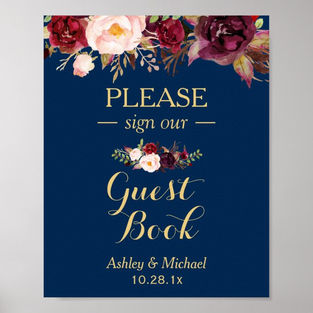 Burgundy Floral Navy Bleu Livre d'or Mariage (Devant)