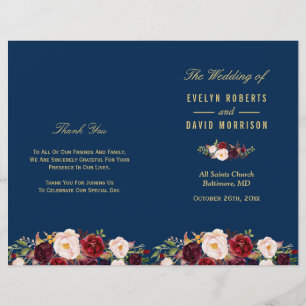 Burgundy Floral Navy Bleu Programme de mariage pli