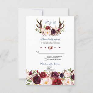 Burgundy Floral Navy Blue Antlers Mariage RSVP