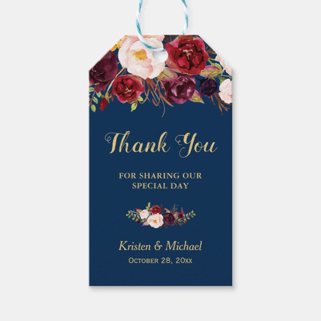 Burgundy Floral Navy Blue Gastgeschenk Hochzeit Vi Geschenkanhänger (Vorderseite)
