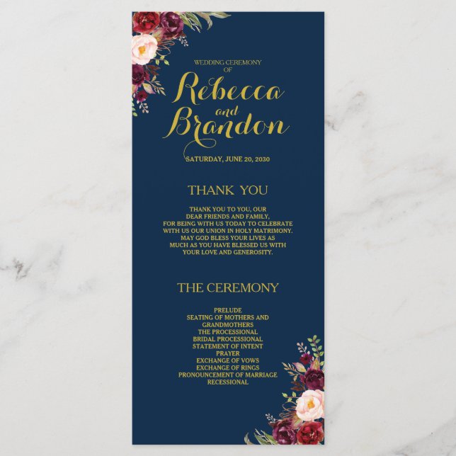 Burgundy Floral Navy Blue Gold Custom Wedding Programm (Vorderseite)