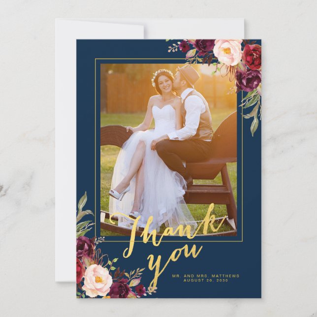 Burgundy Floral Navy Blue Gold Foto Hochzeit Dankeskarte (Vorderseite)