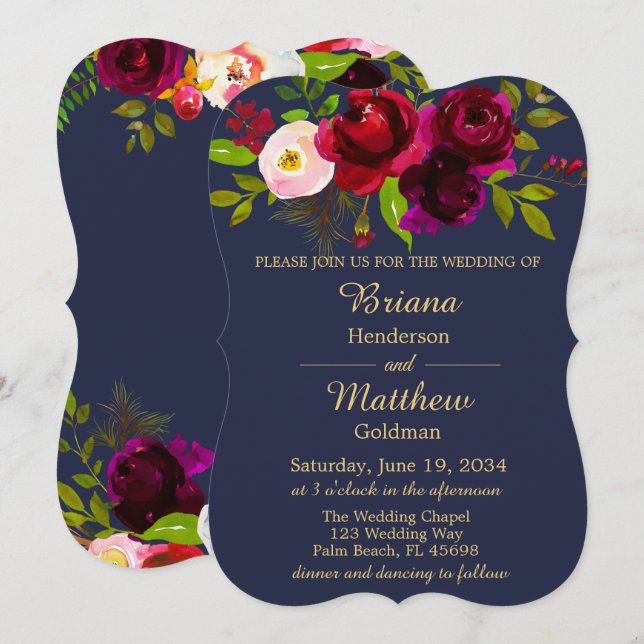 Burgundy Floral Navy Blue Gold Hochzeit Einladung (Vorne/Hinten)