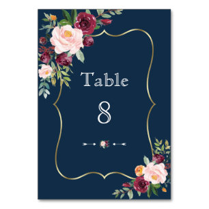 Burgundy Floral Navy Blue Gold Hochzeit Tischnummer