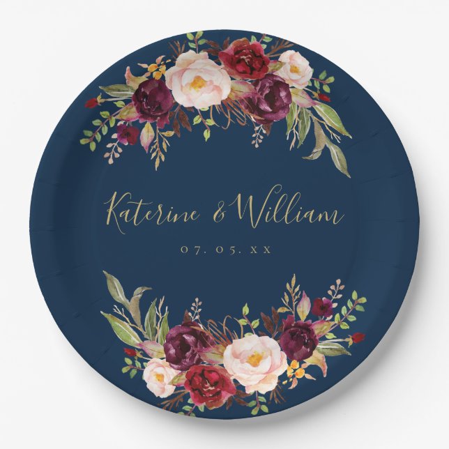 Burgundy Floral Navy Blue Gold Hochzeit Verlobung Pappteller (Vorderseite)