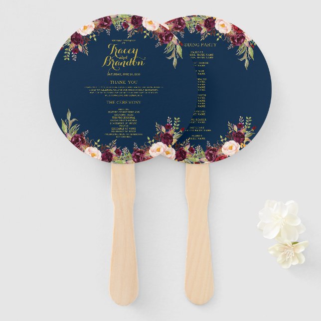 Burgundy Floral Navy Blue Gold Hochzeitsprogramm Fächer (Vorne und Hinten)
