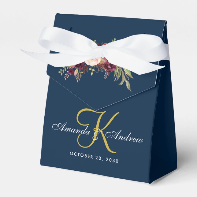 Burgundy Floral Navy Blue Gold Monogram Wedding Geschenkschachtel (Vorderseite)