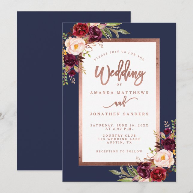 Burgundy Floral Navy Blue Rose Gold Script Wedding Einladung (Vorne/Hinten)